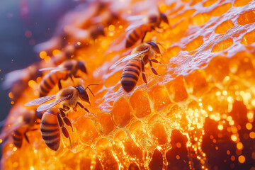 Obraz premium Close up view of the working bees on honey cells.