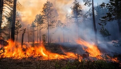 A forest fire engulfs trees with flames and smoke, illustrating the intense and destructive power of wildfires in natural landscapes.