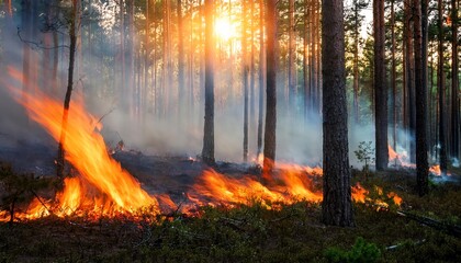 A forest fire burns through trees, with flames and smoke rising under a glowing sunset, creating a dramatic and intense natural scene.