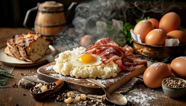 A rustic wooden table with a steaming plate of mashed potatoes topped with a fried egg and crispy bacon.