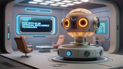 Fototapeta premium AI robot in futuristic office; chat interface; meeting room background; tech concept