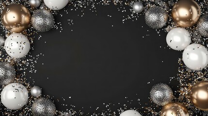 3D rendering of a white and golden frame with metallic balloons and silver spheres, surrounded by confetti on a black background, New Year's Eve party decor.