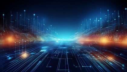 A futuristic digital landscape featuring glowing lines and data streams, creating a sense of depth and technological advancement.