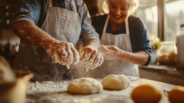 A couple is making bread in a kitchen