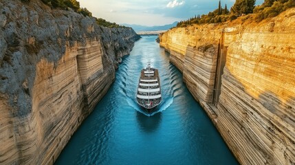 Majestic Cruise Ship Navigating the Corinth Canal's Breathtaking Cliffs