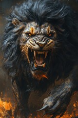 Fototapeta premium Fierce, snarling black lion, fiery background.