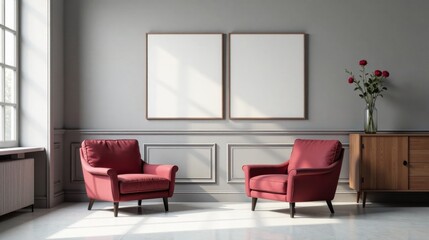Elegant crimson armchairs flanking empty frames in a sunlit room with a wooden sideboard and red flowers