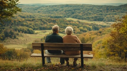A couple of older people are sitting on a bench in a field