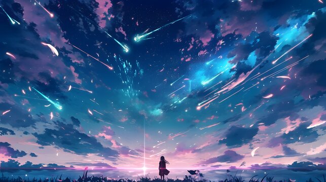 A stunning apocalyptic skyfall scene with meteors cascading across the sky, set in a dramatic anime style.