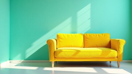 Bright Yellow Sofa in a Sunlit Room with Aquamarine Walls