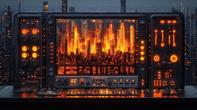 Futuristic Control Center Overlooking a Cyberpunk Cityscape with Neon Lights and Advanced Technology Elements in a Nighttime Setting
