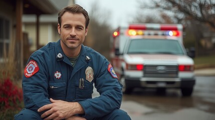 Professional male EMT in uniform poses confidently outside an emergency medical vehicle, showcasing dedication to community health and safety while enjoying a moment of reflection.