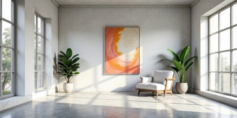Fototapeta premium Serene Interior Design Featuring Abstract Artwork and Potted Plants in a Sunlit Room with Large Windows