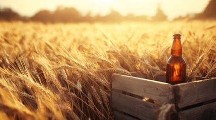 Sunset beer bottle in wooden crate amidst wheat field.