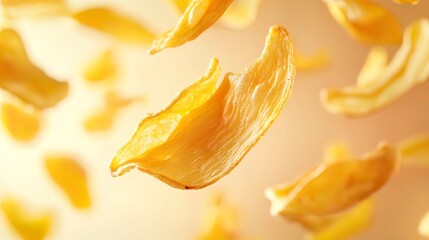 Close-up of numerous golden-yellow dehydrated jackfruit chips levitating against a soft, blurred, light-orange background.