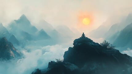 Peaceful meditation on mountain peak at sunrise.