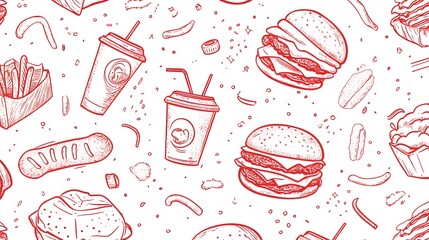 Red Line Drawings Of Fast Food Items And Drinks
