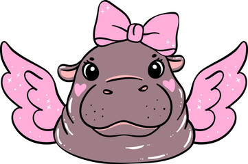 Adorable Valentine Cupid Pygmy Hippo with angle wings hand drawn doodle
