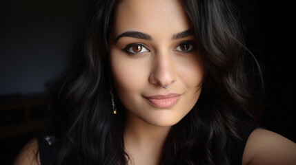 Pretty young woman, with nose piercing, has long dark brown hair, with big brown eyes, wears a black short-sleeved blouse, generative AI.