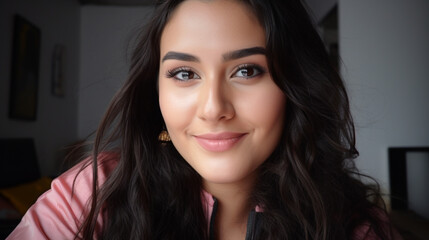 Selfie of a young Latina woman, smiling, with big brown eyes, long brown hair, wearing a pink blouse, generative AI.
