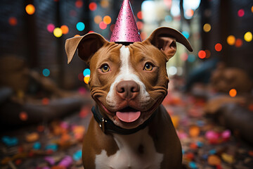 Cute brown and white pitbull dog with tongue out, celebrating his birthday with a cute party hat, generative AI