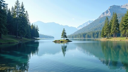 A tranquil lake cradles a lone island with a solitary tree, casting serene reflections beneath its calm surface. Lush grass edges the waterside, inviting serenity