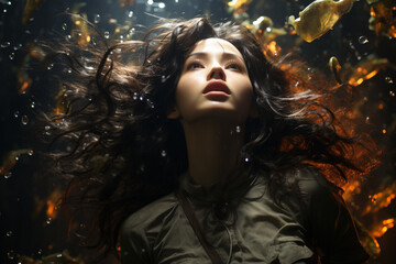 Levitating woman with long, floating black hair, looking up at the night sky, with water drops and orange lights, generative AI