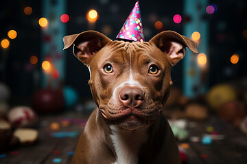 Beautiful pitbull with soft fur, brown and white color celebrating his birthday, with a colorful party hat, with bokeh in the dark background, generative AI