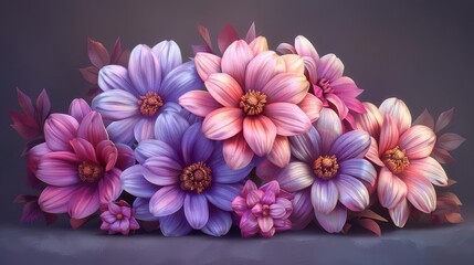 Obraz premium A vibrant arrangement of colorful flowers in shades of pink and purple, showcasing beauty and nature.