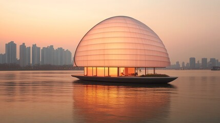 Obraz premium Illuminated dome structure floating on calm water at sunset, city skyline in background.