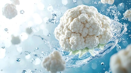 Fresh cauliflower submerged in water, with splashes and bubbles.