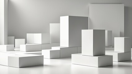 A monochromatic scene showcasing an arrangement of white cubes in a minimalist contemporary setting. The clean, geometric shapes highlight modern design principles, creating an atmosphere of calm and 
