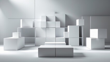 A monochromatic scene showcasing an arrangement of white cubes in a minimalist contemporary setting. The clean, geometric shapes highlight modern design principles, creating an atmosphere of calm and 