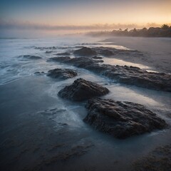 Obraz premium Leonardo_Kino_XL_A_dense_fog_rolling_over_a_cool_beach_at_dawn_0 