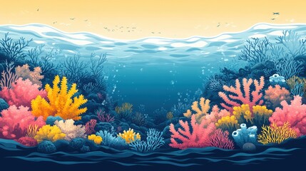Vibrant Underwater Coral Reef Scene with Colorful Marine Life and Bubbles in Crystal Clear Water of the Ocean at Dawn or Dusk