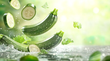 Fresh green zucchini vegetables splashing into water with slices and leaves levitating against a blurred green background.