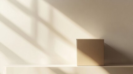 Obraz premium Minimalist Scene Featuring a Simple Brown Box on a White Surface Bathed in Natural Light with Distinctive Shadow Patterns Creating a Serene Atmosphere