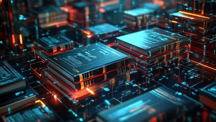 Fototapeta premium Digital Library: A Stack of Glowing Books