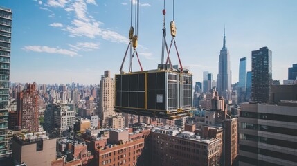 Naklejka premium Crane lifting equipment over a city skyline.