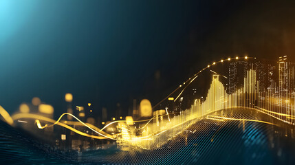 Golden glowing charts and graphs representing data visualization, showcasing vibrant trends and analytics in futuristic digital landscape