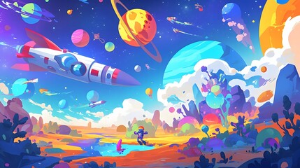 A vibrant and colorful space adventure scene, featuring rockets, planets, and an alien landscape, all in a cartoon style.