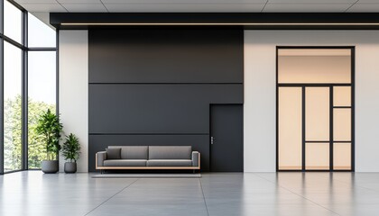 Modern interior with a stylish sofa and large windows inviting natural light.