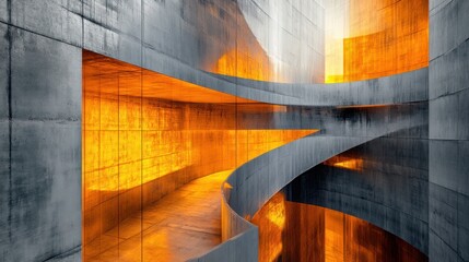 Obraz premium Abstract Concrete Architecture: Curving Pathways and Glowing Amber Walls