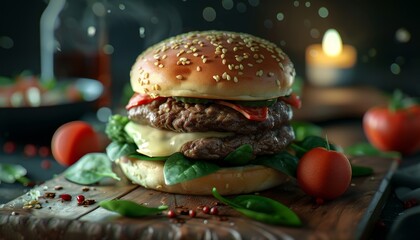 A juicy double cheeseburger with spinach and tomato on a wooden board, with a candle and a bottle in the background.
