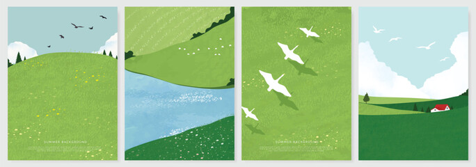 Abstract Green Summer landscape background vector set. Nature wallpaper of green field on mountain, yellow flowers, blue sky , birds, river. Watercolor illustration for cover, wall art, decoration.