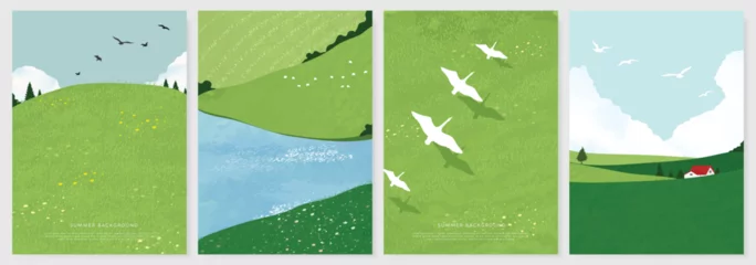  Abstract Green Summer landscape background vector set. Nature wallpaper of green field on mountain, yellow flowers, blue sky , birds, river. Watercolor illustration for cover, wall art, decoration. © babeer