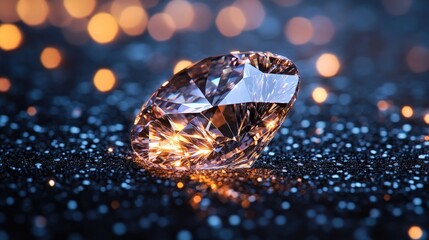 Fototapeta premium Sparkling diamond rests on glittering, dark surface.