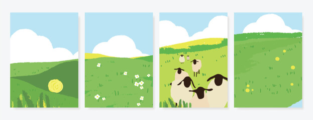 Abstract Green Summer landscape background vector set. Nature wallpaper of green field, mountain, flower, blue sky, sheep. Watercolor illustration for cover, banner, wall art, decoration.
