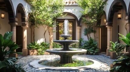 Serene Courtyard Oasis: A Luxurious Spanish-Style Fountain Garden