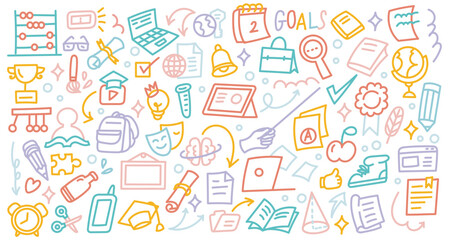 Obraz premium Education Doodle Illustration | Colorful Hand-Drawn Line Art with School Supplies, Books, Science Icons, and Learning Tools in Vector Style